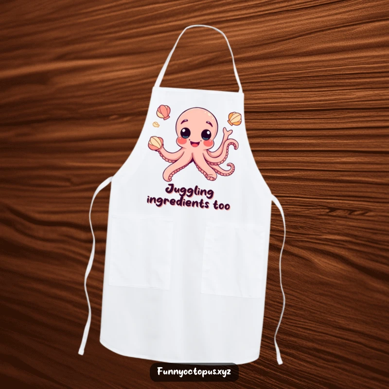 Funny apron showcasing a joyful octopus with googly eyes, humorously juggling seashells, perfect for a cheerful cook.