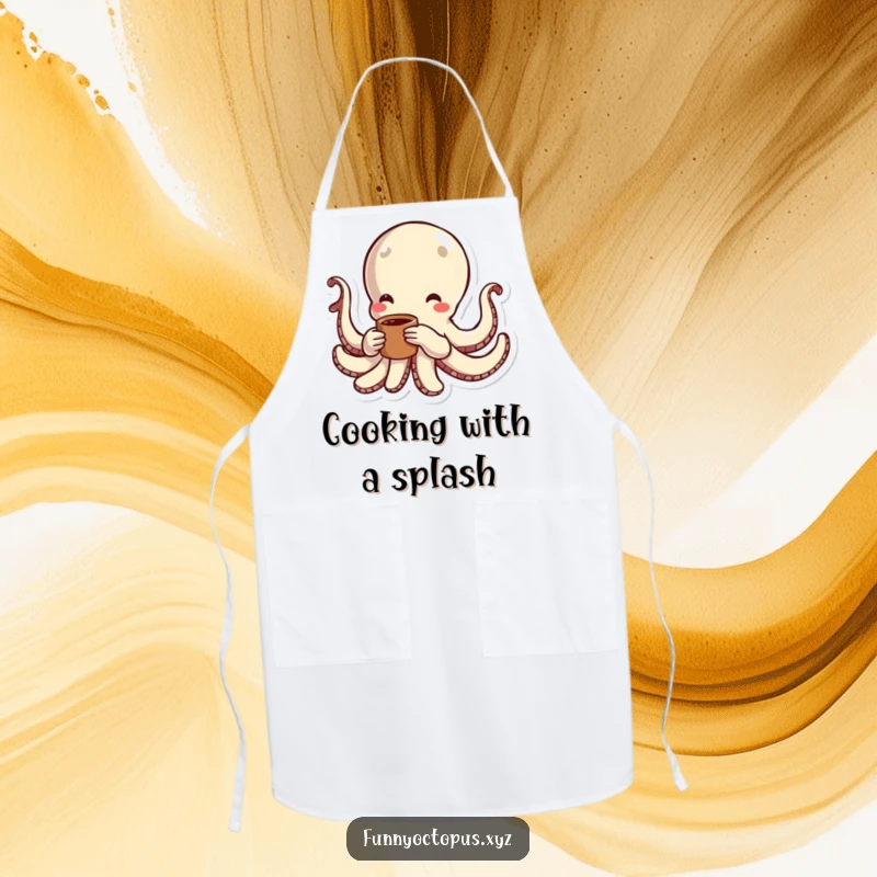Funny apron showing an octopus character swimming with energetic lines, celebrating playful movement in the kitchen.