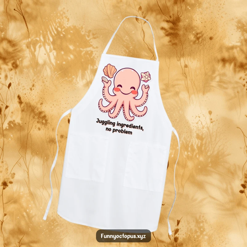 Funny apron showing a smiling octopus character juggling seashells with its tentacles, adding a playful touch to kitchen tasks.