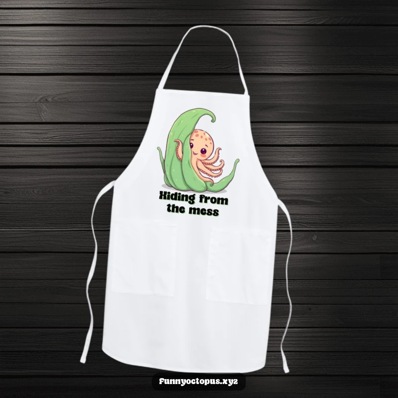 Funny apron showcasing an octopus playfully peeking from behind giant seaweed, perfect for a fun-loving cook.