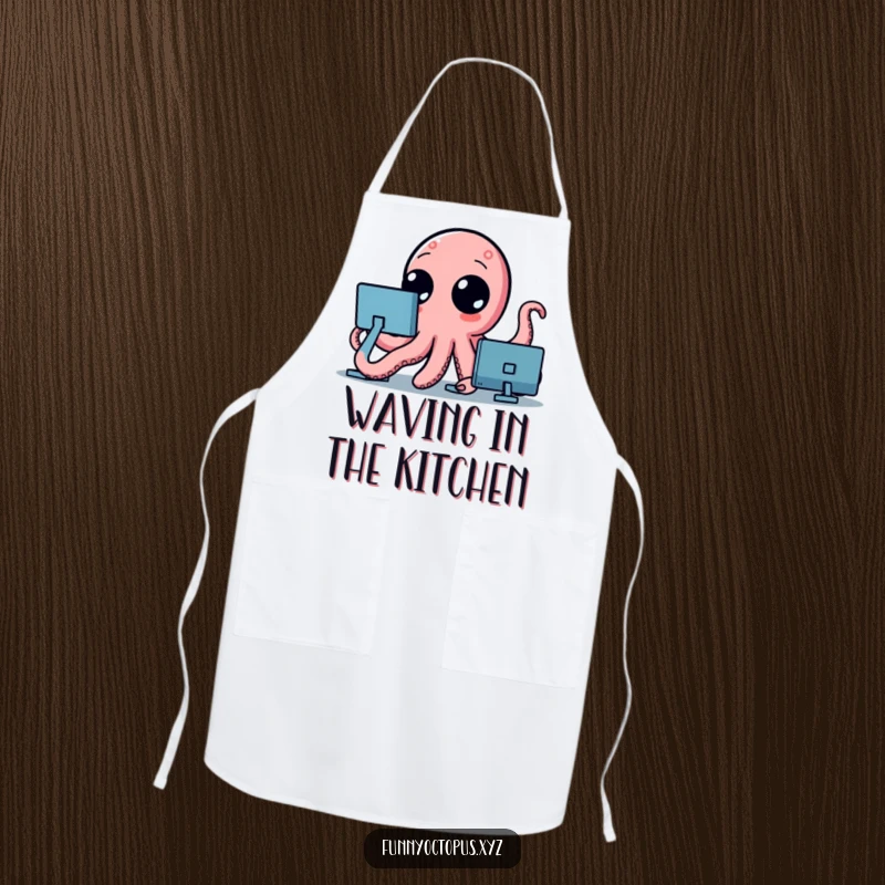 Funny apron adorned with a stylized octopus, its curious dot eyes are wide as its tentacles wave, ready for kitchen fun.