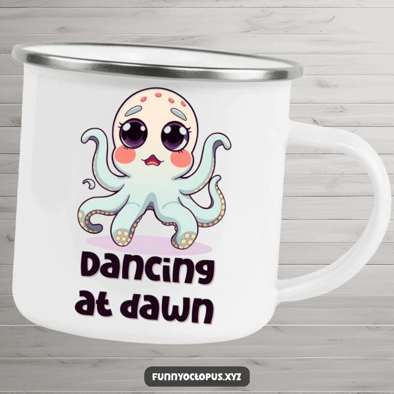 Funny camping mug with a surprised octopus and popping eyes humorously doing a silly dance, perfect for outdoor fun.