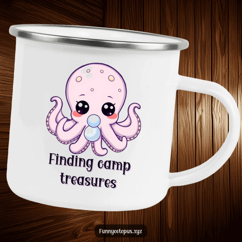 Funny camping mug featuring an octopus with big, expressive dot eyes, reaching for a shiny pearl, ready for exploration.
