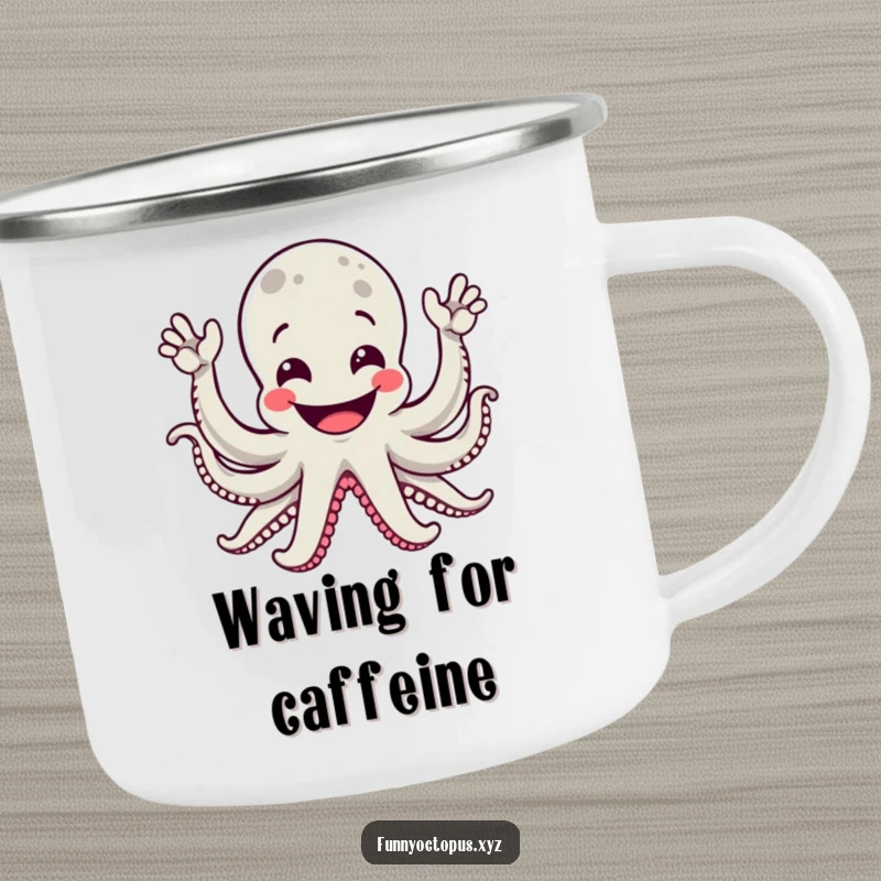 Funny camping mug featuring a grinning octopus enthusiastically waving many arms, perfect for outdoor enthusiasts.