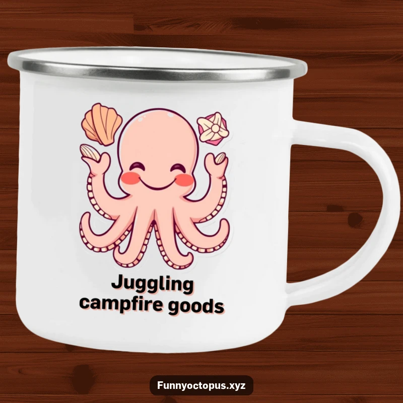 Funny camping mug featuring a happy octopus character juggling seashells with its tentacles, perfect for outdoor merriment.