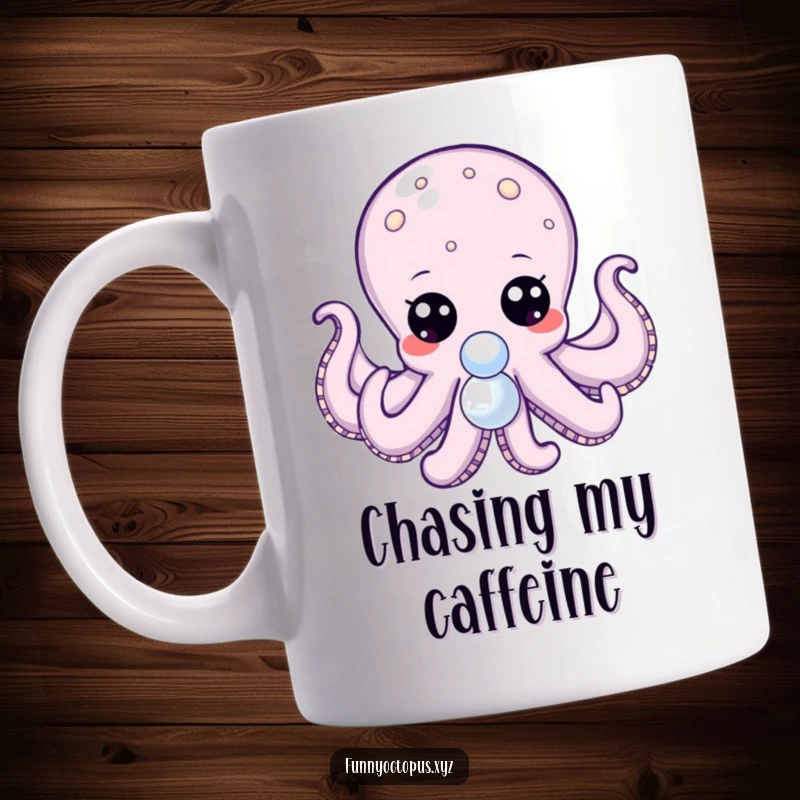 Funny mug featuring an octopus with large, expressive dot eyes, its tentacles reaching out towards a gleaming, shiny pearl.