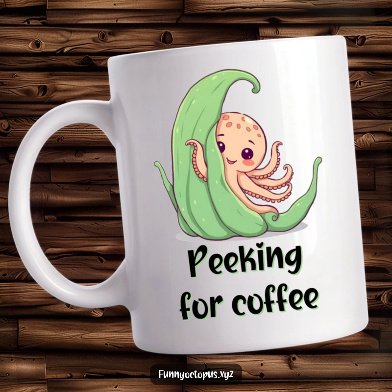 Funny mug showing an octopus playfully peeking from behind a giant piece of seaweed, creating a cute surprise.
