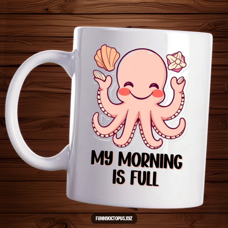 Funny mug featuring a happy octopus character smiling widely while effortlessly juggling three colorful seashells with its tentacles.