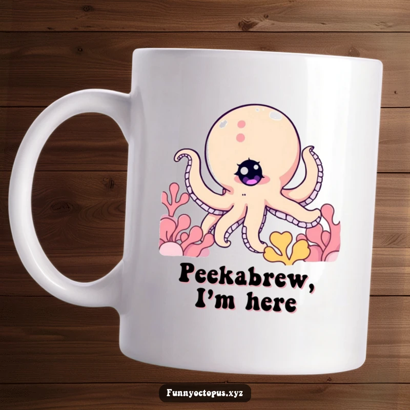 Funny mug featuring an octopus character with a twinkling eye, playfully peeking from behind a colorful piece of coral.