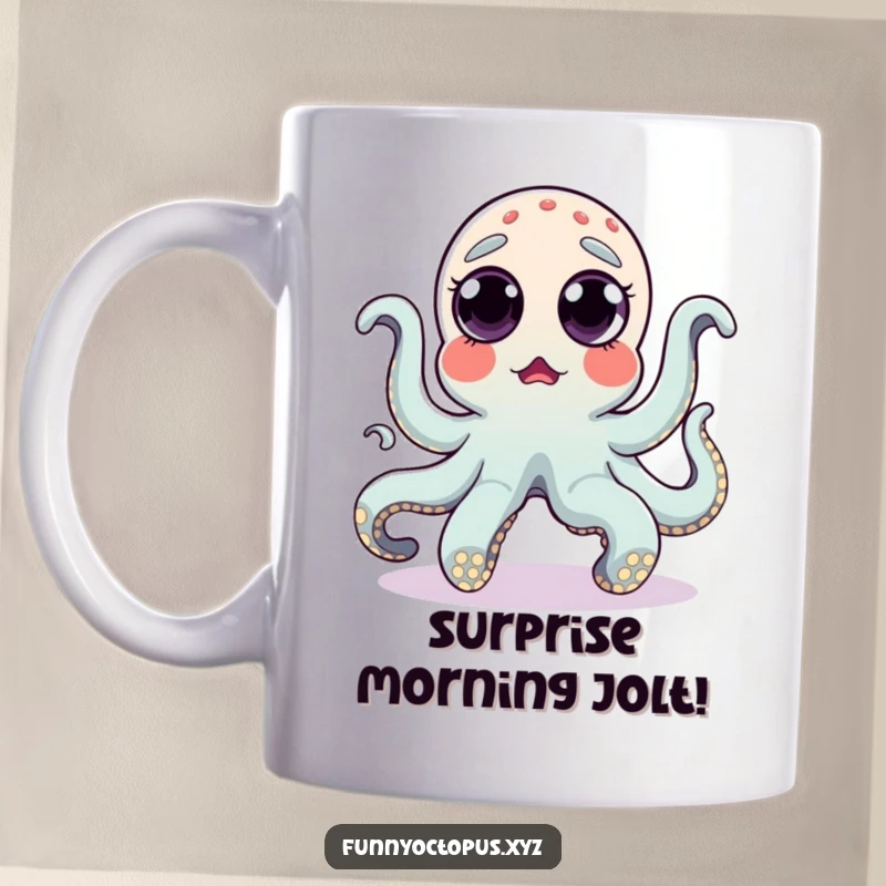 Funny mug showing a surprised octopus with eyes popping out, caught mid-silly dance, perfect for a laugh.
