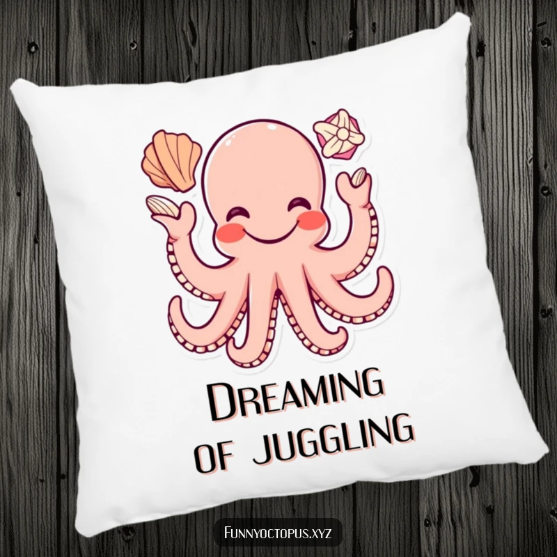 Funny pillow featuring a happy octopus character with a broad smile, juggling seashells with its tentacles for ultimate comfort.
