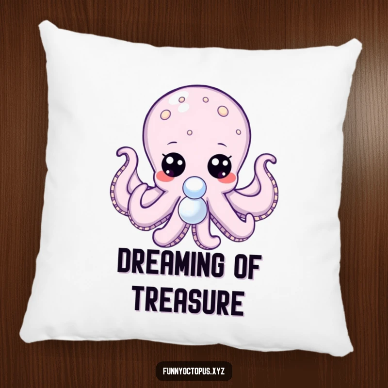 Funny pillow featuring an octopus with big, expressive dot eyes, tentacles reaching for a shiny pearl, perfect for cozy exploration.