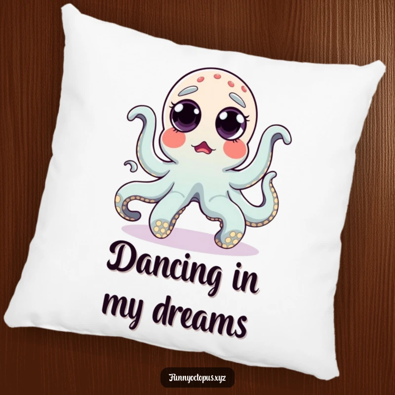 Funny pillow with a surprised octopus and popping eyes humorously doing a silly dance, providing comfort and amusement.