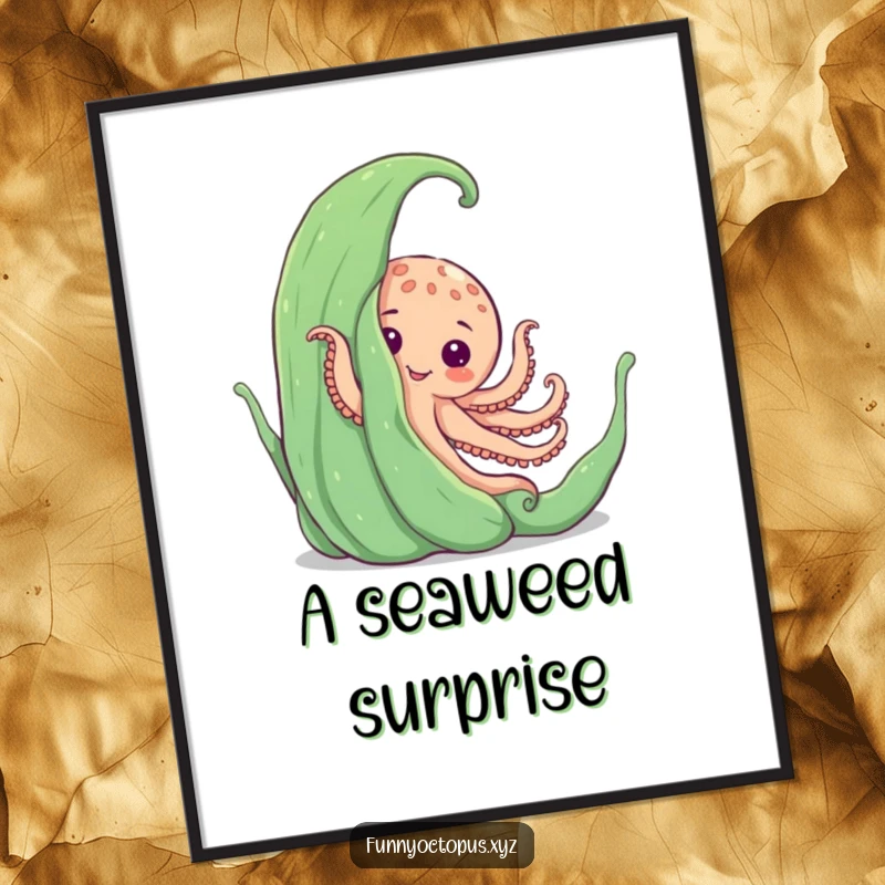 Funny digital art print of an octopus playfully peeking from behind large seaweed, for charming decor.