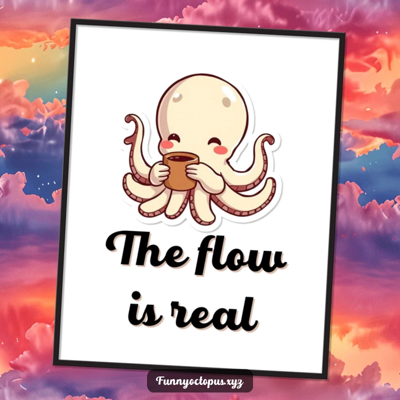 Funny digital art of an octopus character swimming playfully, depicted with energetic lines showing swift, dynamic motion.