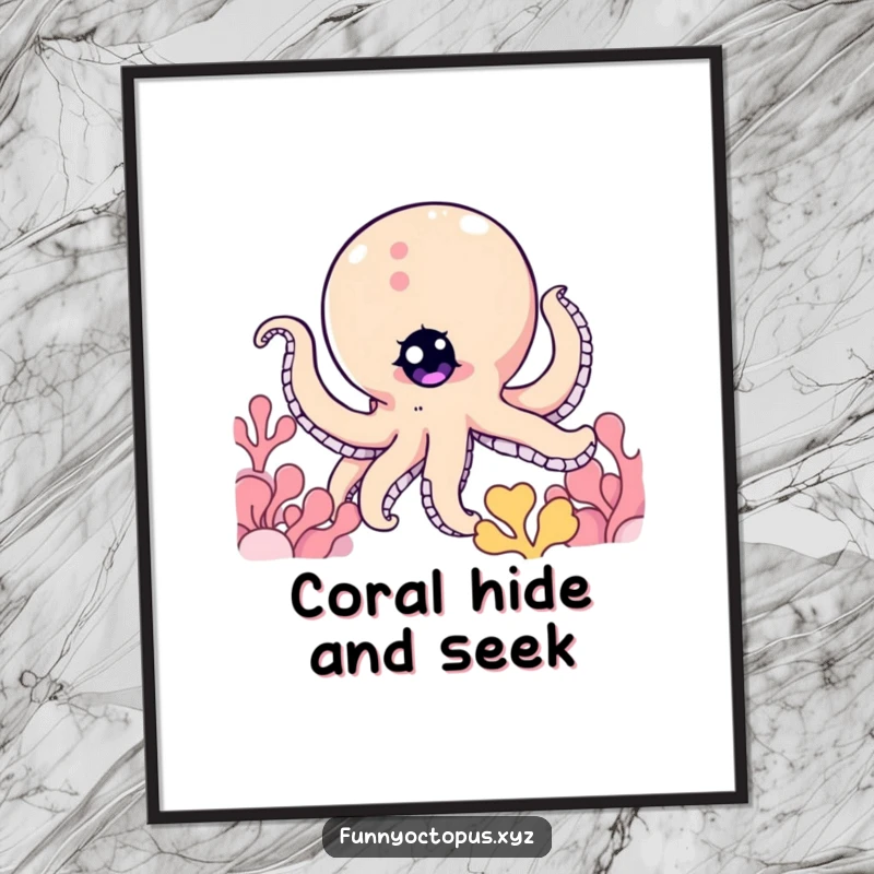 Funny digital art of an octopus character with a twinkling eye, playfully peeking from behind coral, full of charm.