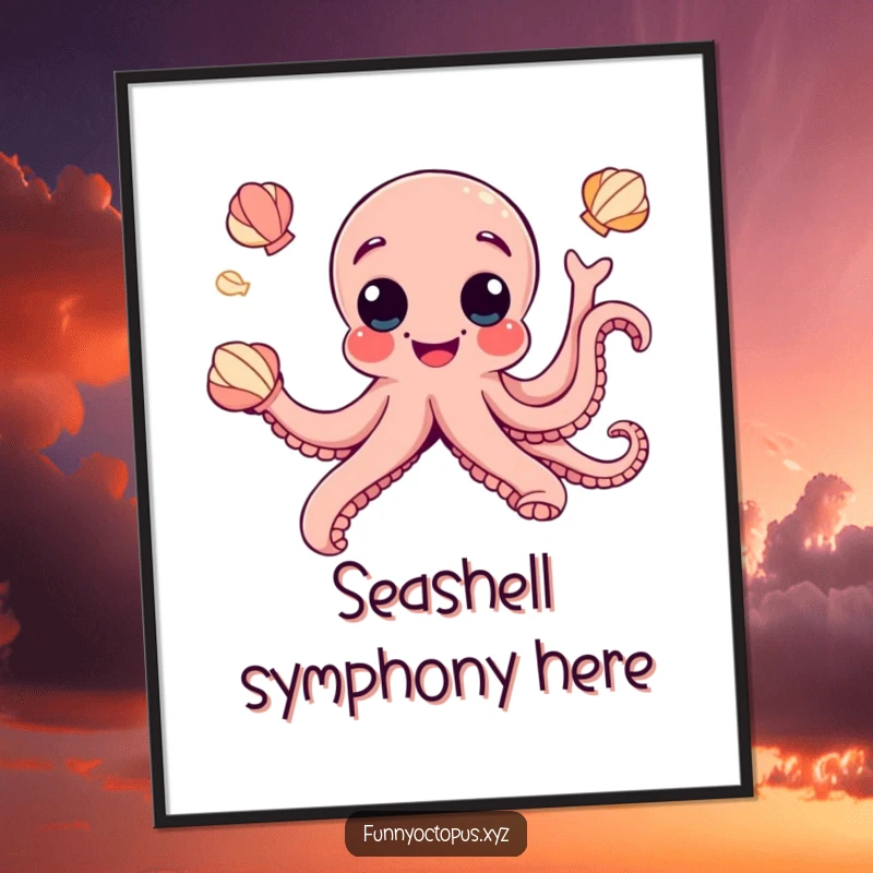 Funny digital art print of a joyful octopus with googly eyes, humorously juggling seashells, perfect for playful decor.