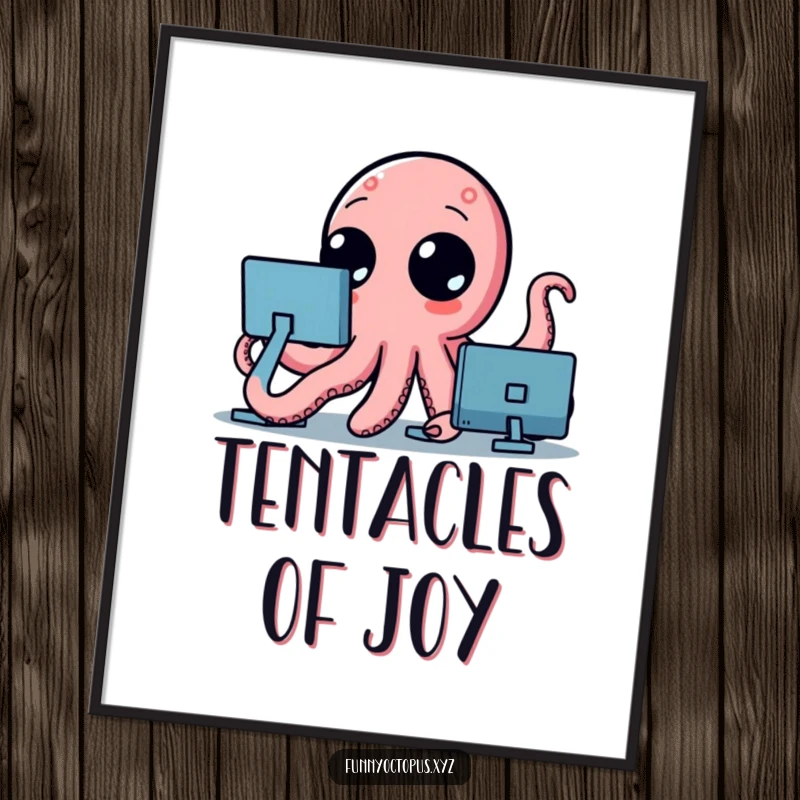 Funny digital art of a stylized octopus with large, curious dot eyes, its tentacles waving energetically, adding a humorous vibe.