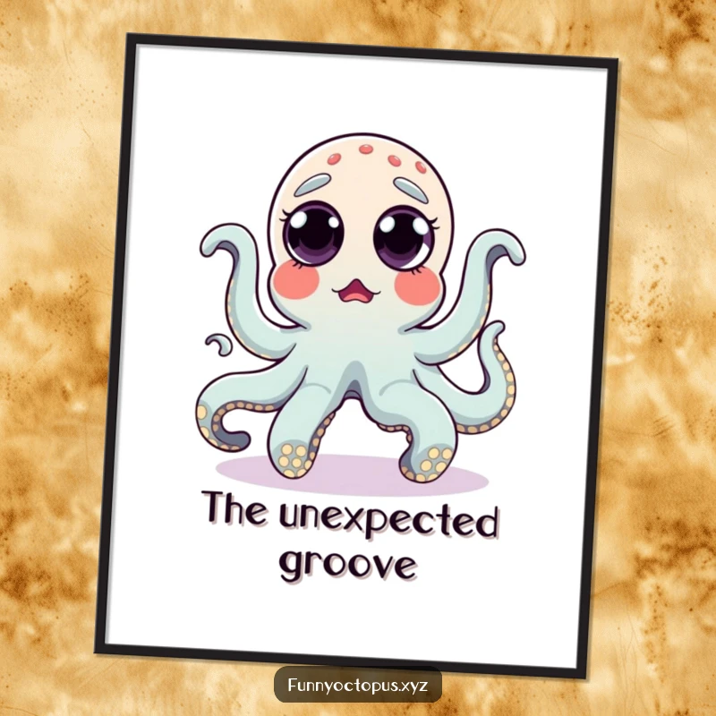 Funny digital art print of a surprised octopus with popping eyes humorously doing a silly dance, for quirky decor.