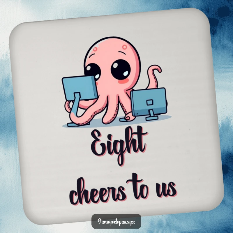 Funny drink coaster featuring a stylized octopus with curious dot eyes, its tentacles waving to catch condensation.