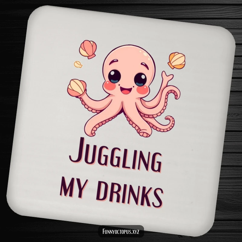 Funny drink coasters with a joyful octopus and googly eyes humorously juggling seashells, adding charm to tables.