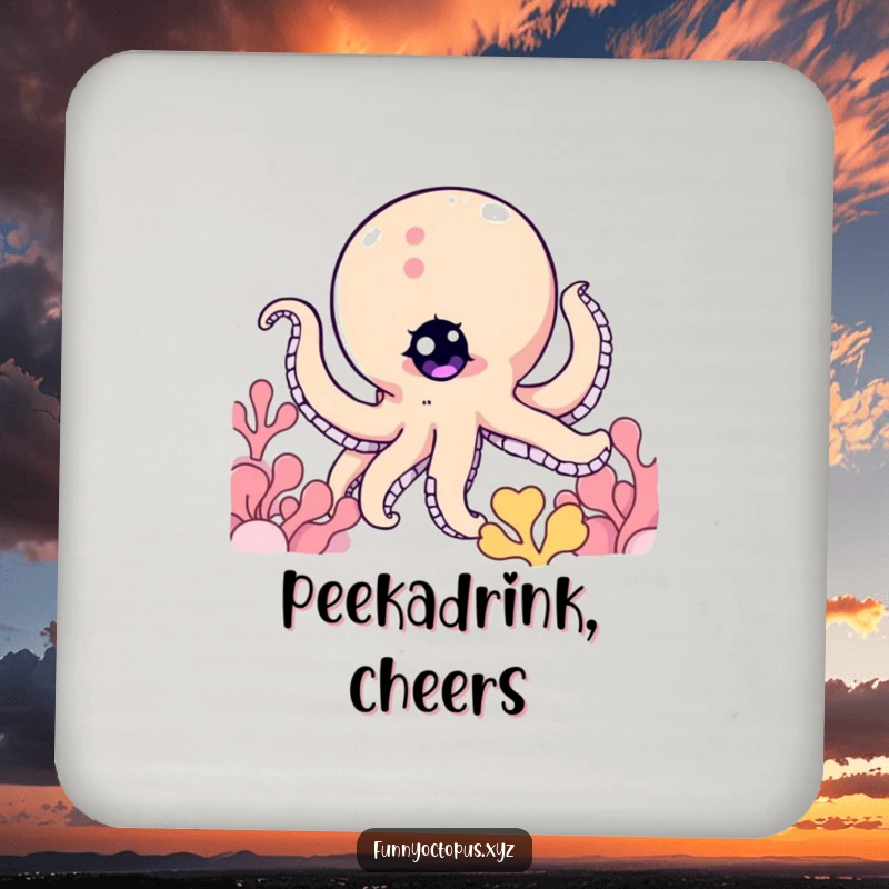 Funny drink coaster featuring an octopus with a twinkling eye, peeking from behind coral, adding a fun, mysterious flair.