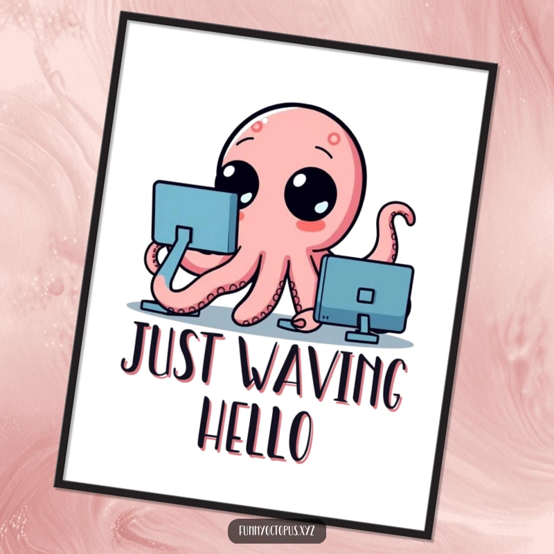 Funny poster art of a stylized octopus with large, curious dot eyes, its tentacles waving dynamically in an inviting gesture.