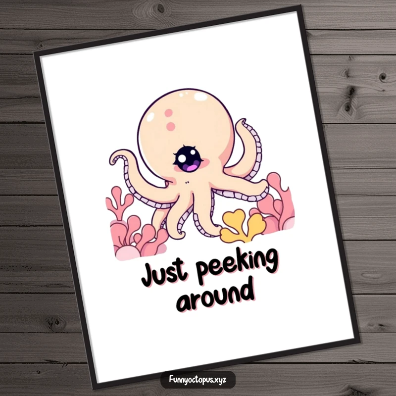 Funny poster art of an octopus character with a single twinkling eye, playfully peeking from behind a colorful coral structure.