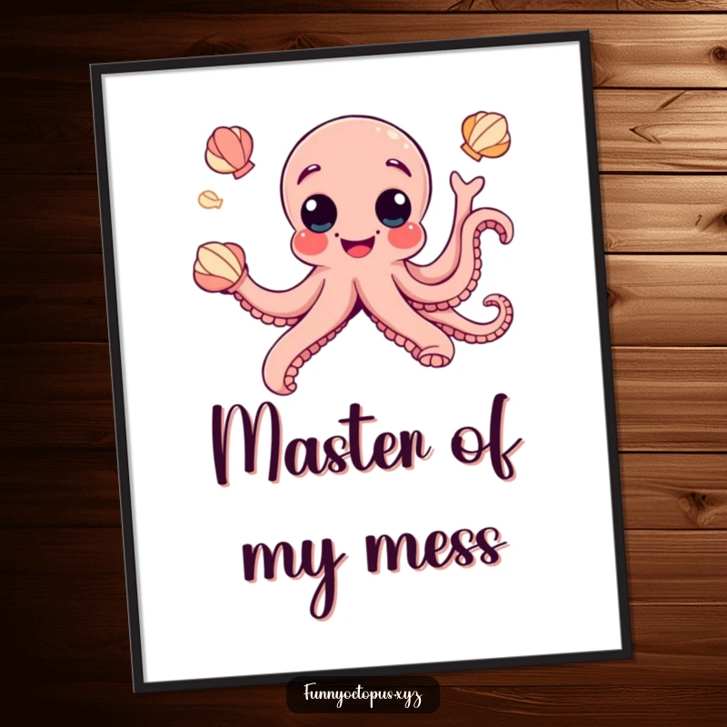 Funny poster featuring a joyful octopus with large googly eyes, humorously juggling seashells, ideal for playful decor.
