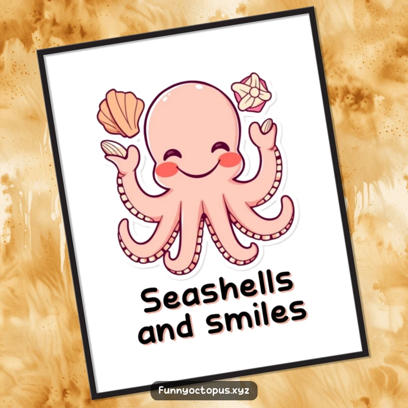 Funny poster art of a happy octopus with a wide smile, juggling three seashells with its tentacles, full of joyful motion.