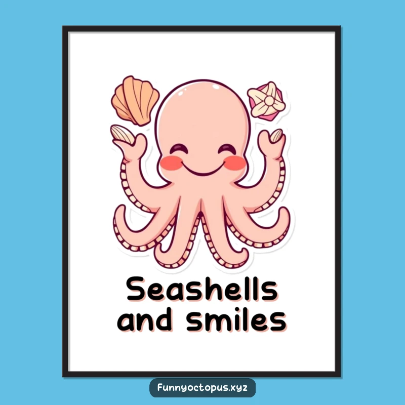 Funny Octopus Poster: Happy Juggler Art, Seashells Galore, Vibrant Gift!