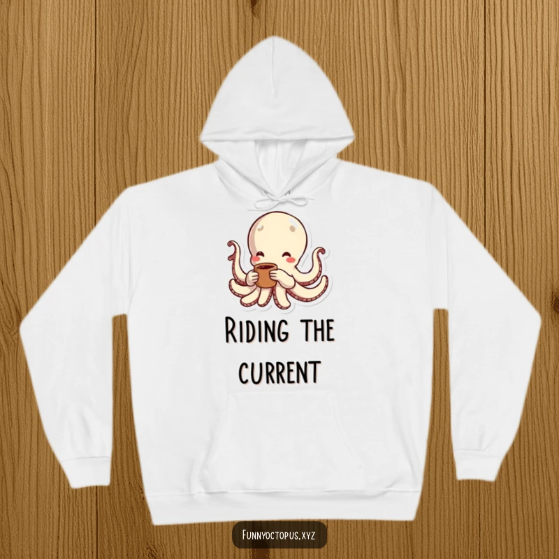 Funny hoodie featuring an octopus character in mid-swim, surrounded by energetic lines denoting playful, fast movement.