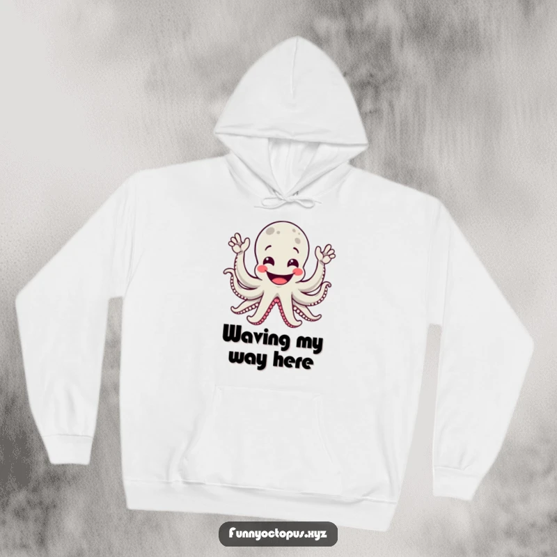 Funny hoodie shows a happy octopus grinning, extending multiple arms in a cheerful, enthusiastic wave, perfect for warmth.