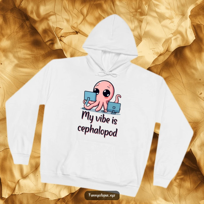 Funny hoodie featuring a detailed octopus with big, inquisitive dot eyes, its many tentacles waving in a friendly, amusing manner.