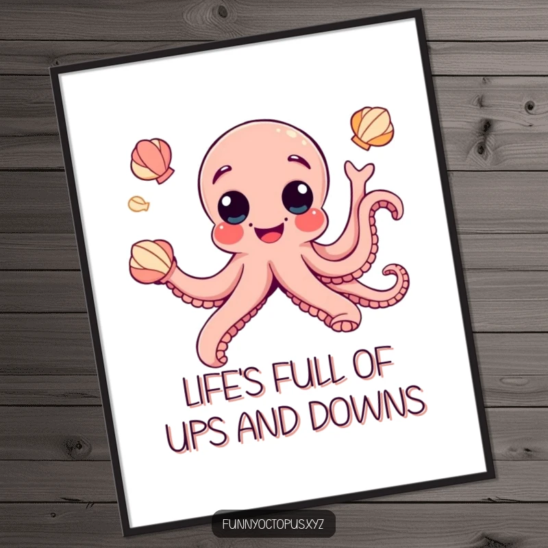 Funny Free Printable Wall Art: A joyful octopus with googly eyes playfully juggling seashells, creating a whimsical and humorous scene.