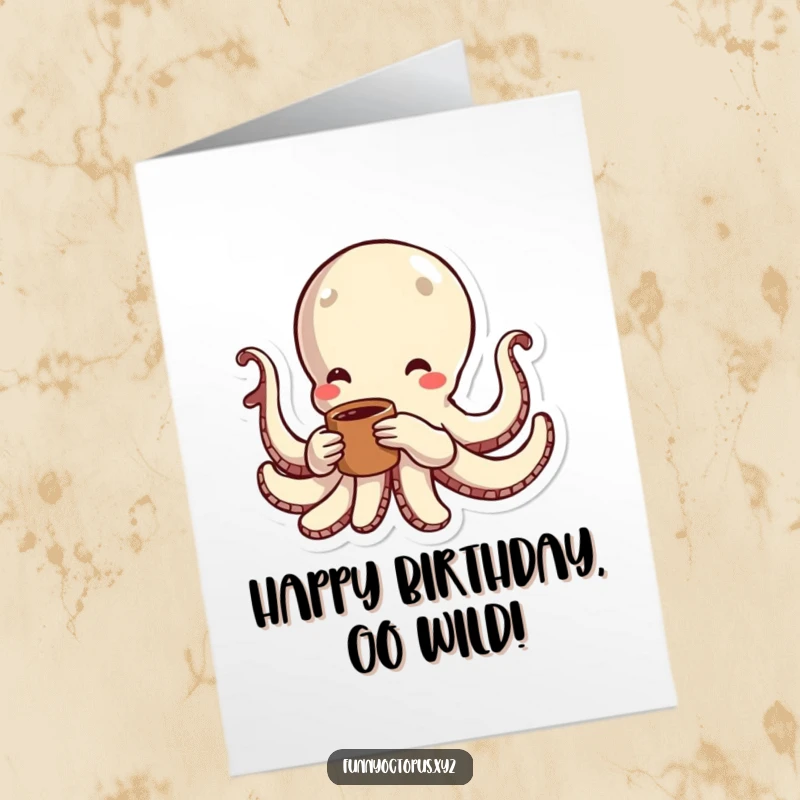 Funny Free Printable Birthday Card: Octopus character with energetic lines swimming playfully, conveying birthday excitement.