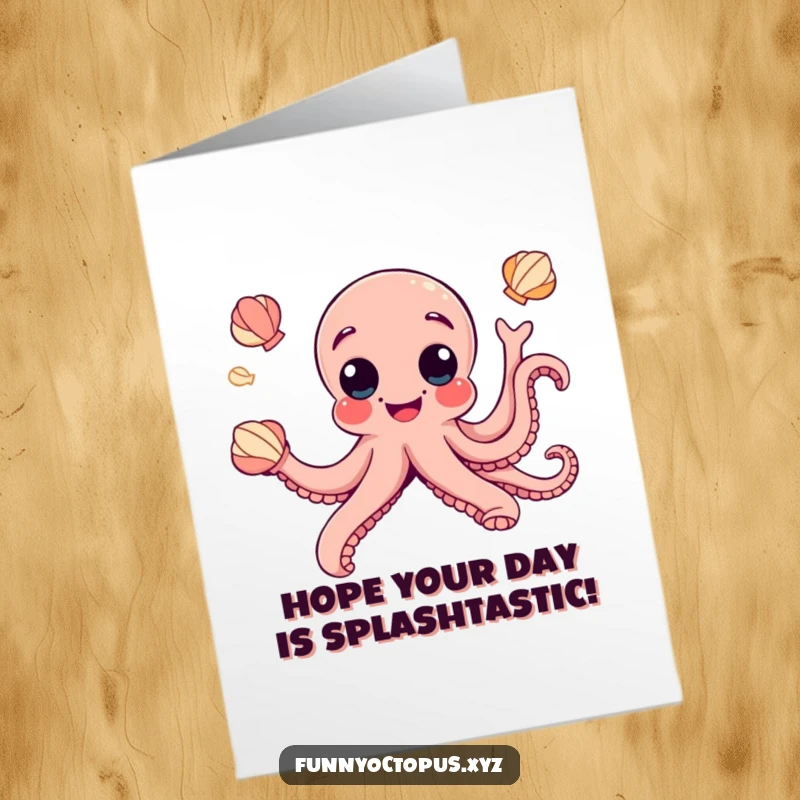 Funny Free Printable Birthday Card: Joyful octopus with googly eyes playfully juggling colorful seashells, a delightful surprise.