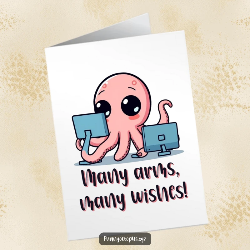Funny Free Printable Birthday Card: Stylized octopus with curious dot eyes waving its tentacles, ready to party.
