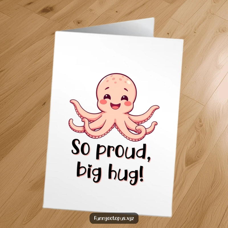 Funny Free Printable Congratulations Card: A happy octopus with a wide smile embracing wholeheartedly with all its outstretched arms.