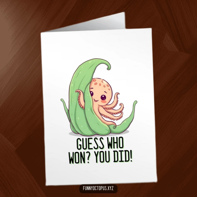 Funny Free Printable Congratulations Card: An octopus playfully peeking from behind a giant seaweed frond, celebrating a hidden achievement.