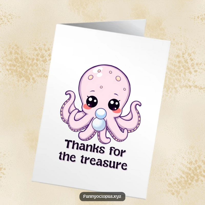 Funny Free Printable Thank You Card: Octopus with big, expressive dot eyes reaching for a shiny pearl, expressing deep thanks.