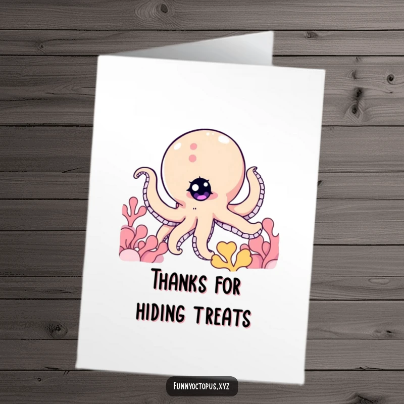 Funny Free Printable Thank You Card: Octopus character with a twinkling eye peeking from behind coral, conveying thanks.