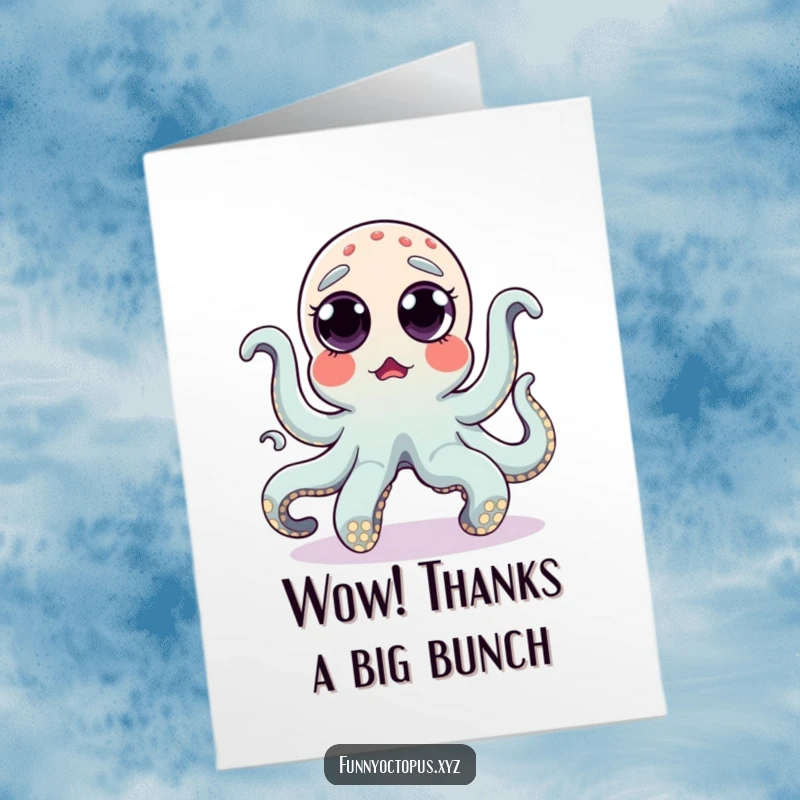 Funny Free Printable Thank You Card: A surprised octopus with eyes popping out engaged in a comical, silly dance of appreciation.