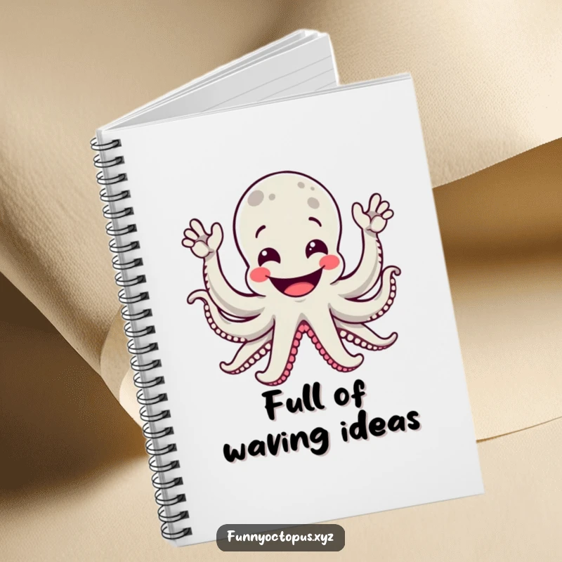 Funny notebook with a grinning octopus enthusiastically waving all its arms, ideal for jotting down notes and ideas.