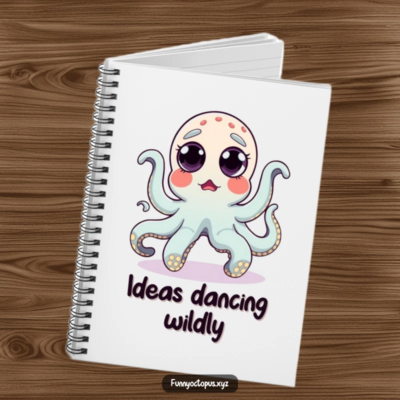 Funny notebook with a surprised octopus and popping eyes humorously doing a silly dance, ideal for note-taking.