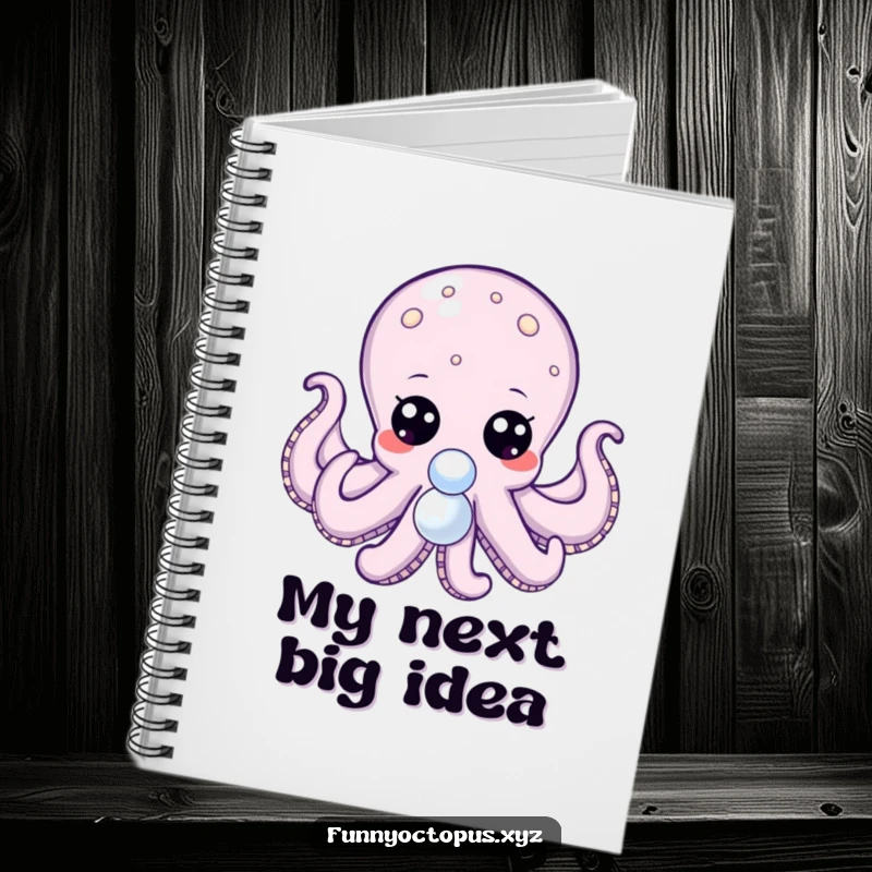 Funny notebook cover featuring an octopus with large, expressive dot eyes, reaching for a shiny pearl, inspiring discovery.
