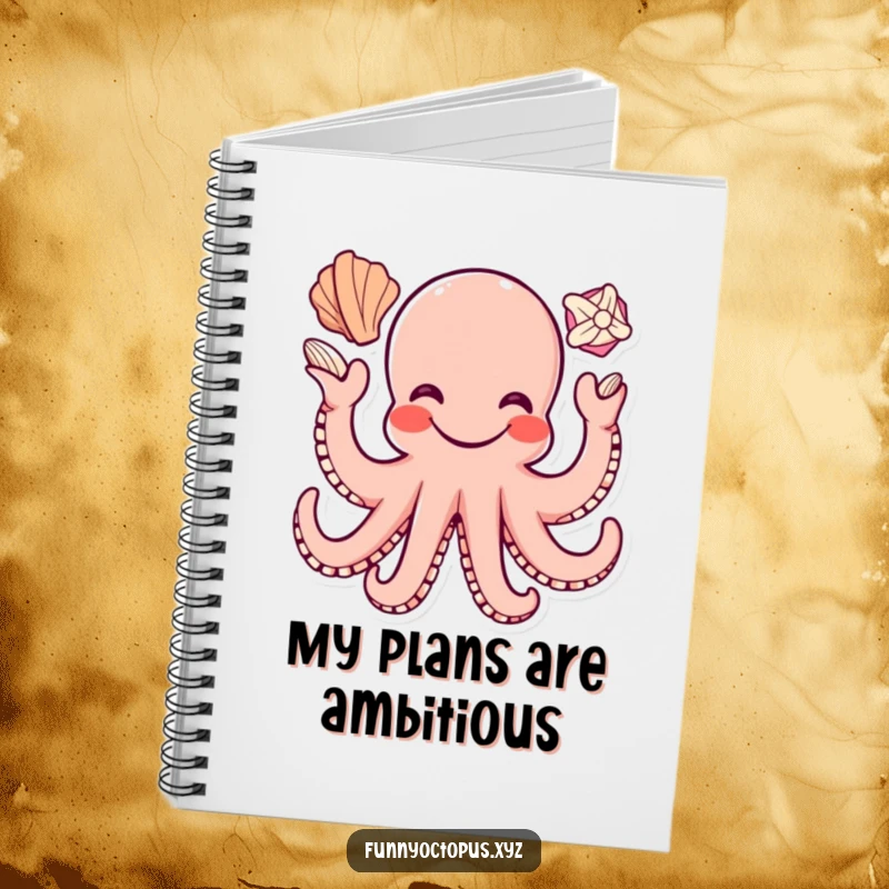 Funny notebook cover featuring a happy octopus character juggling seashells with its tentacles, inspiring creativity.