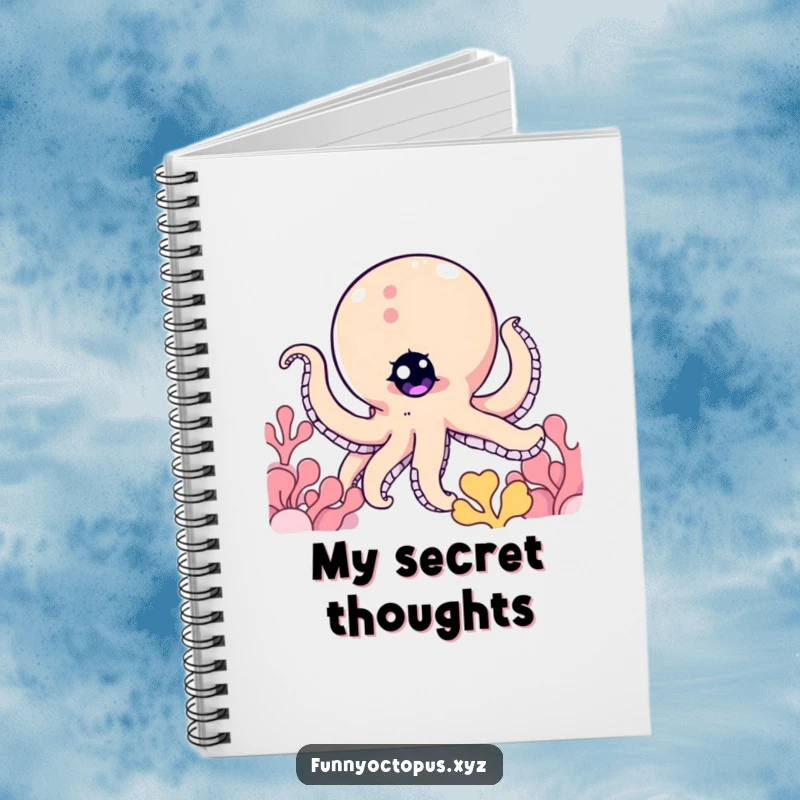 Funny notebook cover featuring an octopus character with a twinkling eye, peeking from behind coral, inspiring playful thoughts.