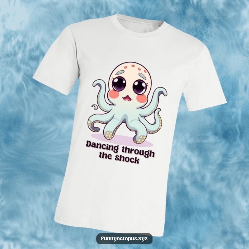 Funny t-shirt depicting a surprised octopus with eyes popping out, performing a silly dance, great for expressing humor.