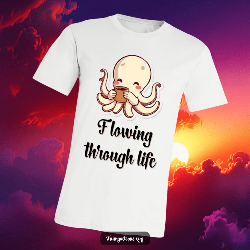 Funny t-shirt depicting an octopus character swimming energetically, surrounded by dynamic lines indicating swift, playful movement.